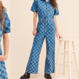 RAGGED Jean checkered jumpsuit with flower embroidered patches